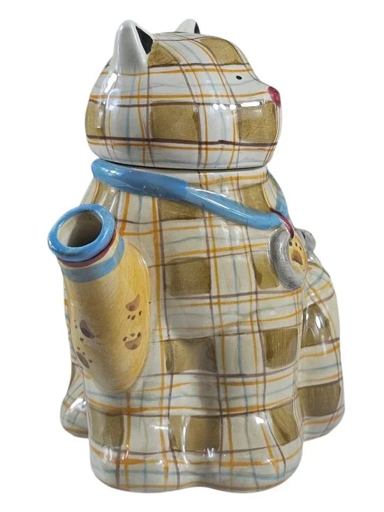 Sakura Plaid Kitty Cat Ceramic Teapot Debbie Mumm Handpainted Kitty Cat Teapot - Picture 2 of 7